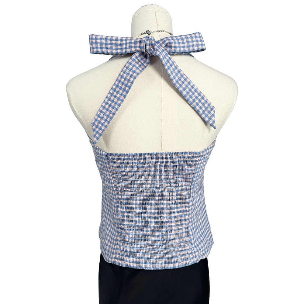 Reformation Malika Linen Top Stellar Check Blue Gingham Halter Bow Tie 6